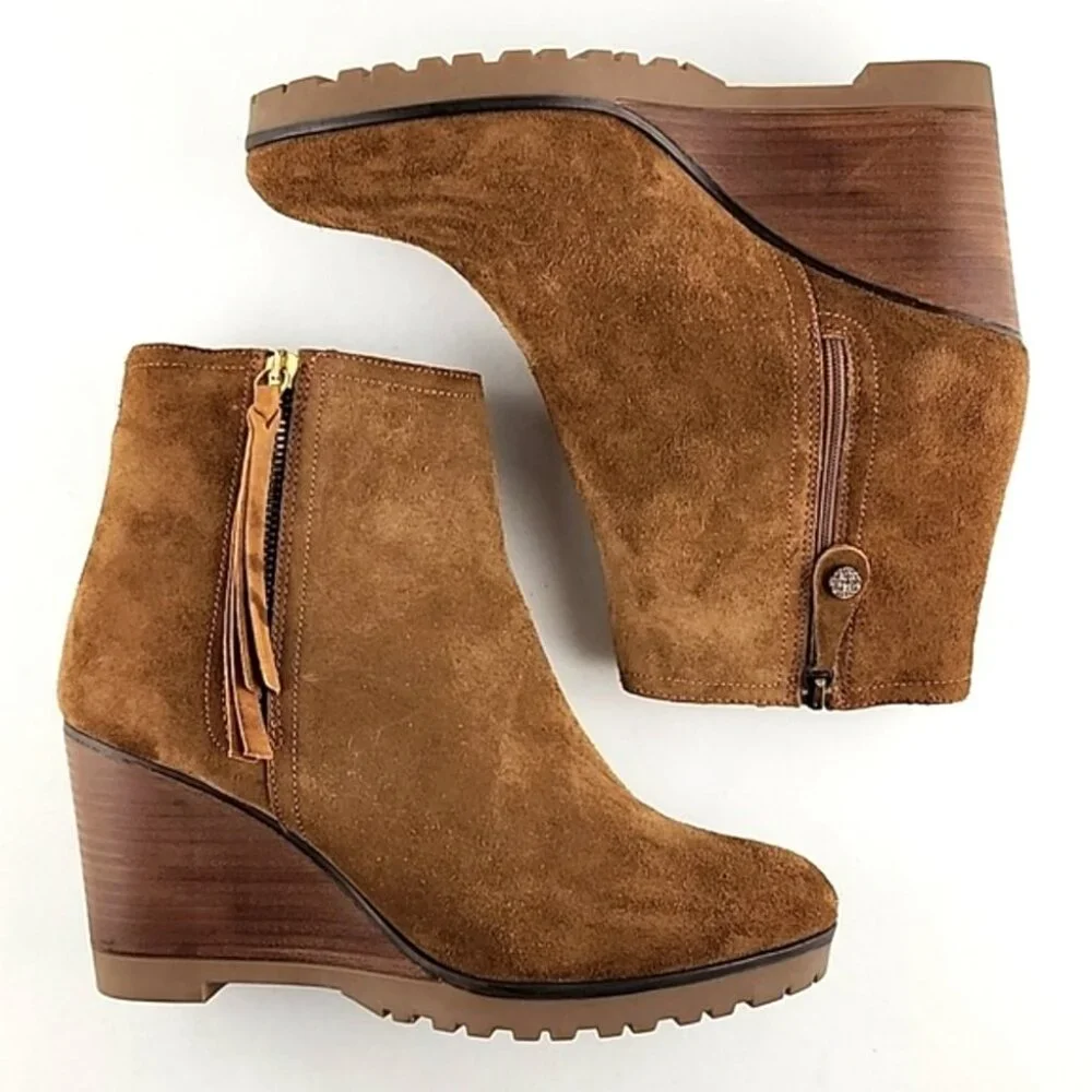 Fabianelli Tan Suede Lined Ankle Boots Almond Toe Stacked Wedge Sole Size 39 - Picture 2 of 16